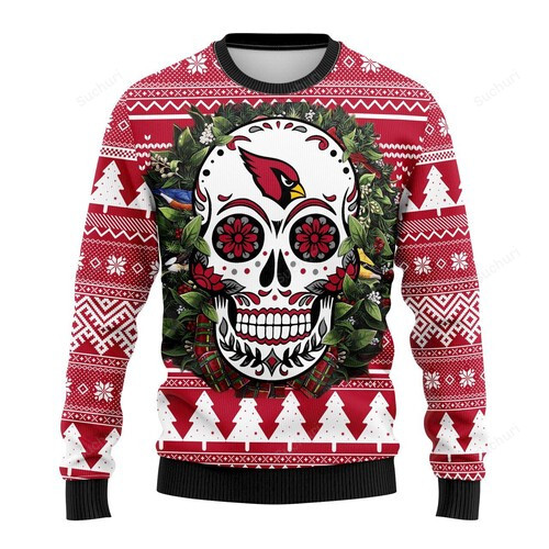 Arizona Cardinals Skull Flower Christmas Gift For Fan Ugly Wool Sweater Christmas
