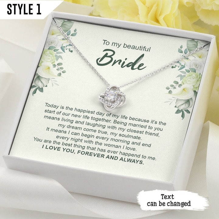 To My Beautiful Bride Personalized Gift For Wife - Love Knot Necklace With Message Card