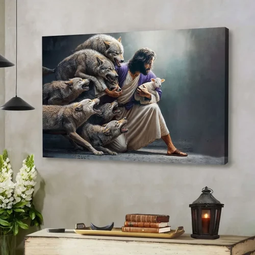 Jesus Protects The Lamb From Wolves Wall Art Canvas
