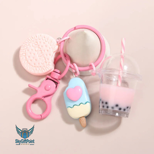 Cute Ice-cream Bubble Tea Biscuit Pink Keychains