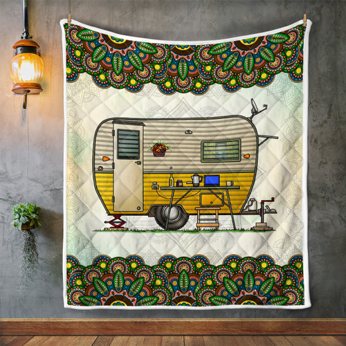 Vintage Caravan Camping Mandala Quilt Blanket