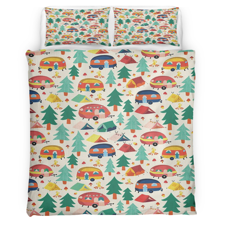 Camper Comforter Cover Christmas Trees Camping Themed Bedding Set