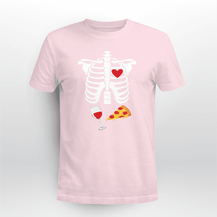 Halloween Skeleton Bones-Wine Pizza Funny T-shirt