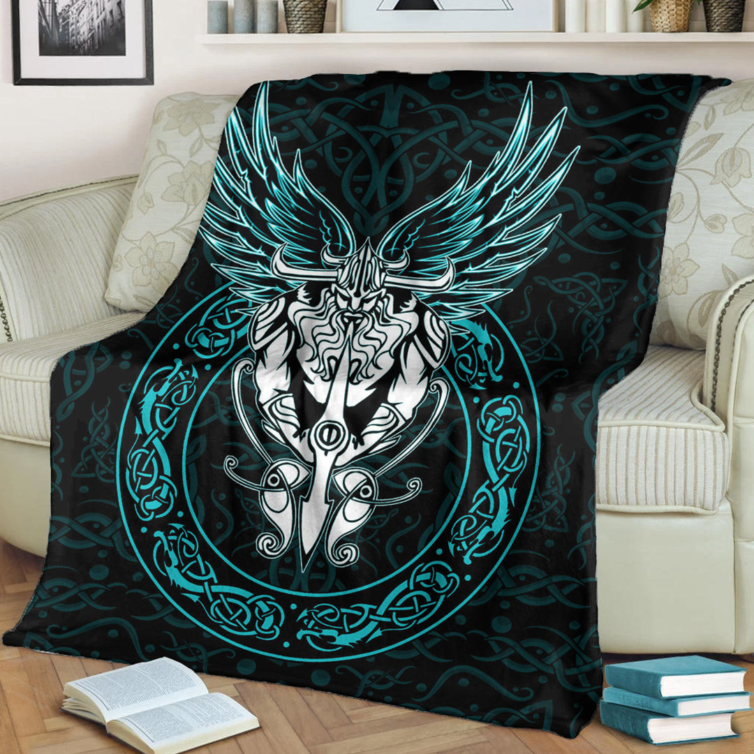 Viking Blanket Celtic Odin Sherpa Fleece Blanket Gifts For Viking Lovers Turquoise Version