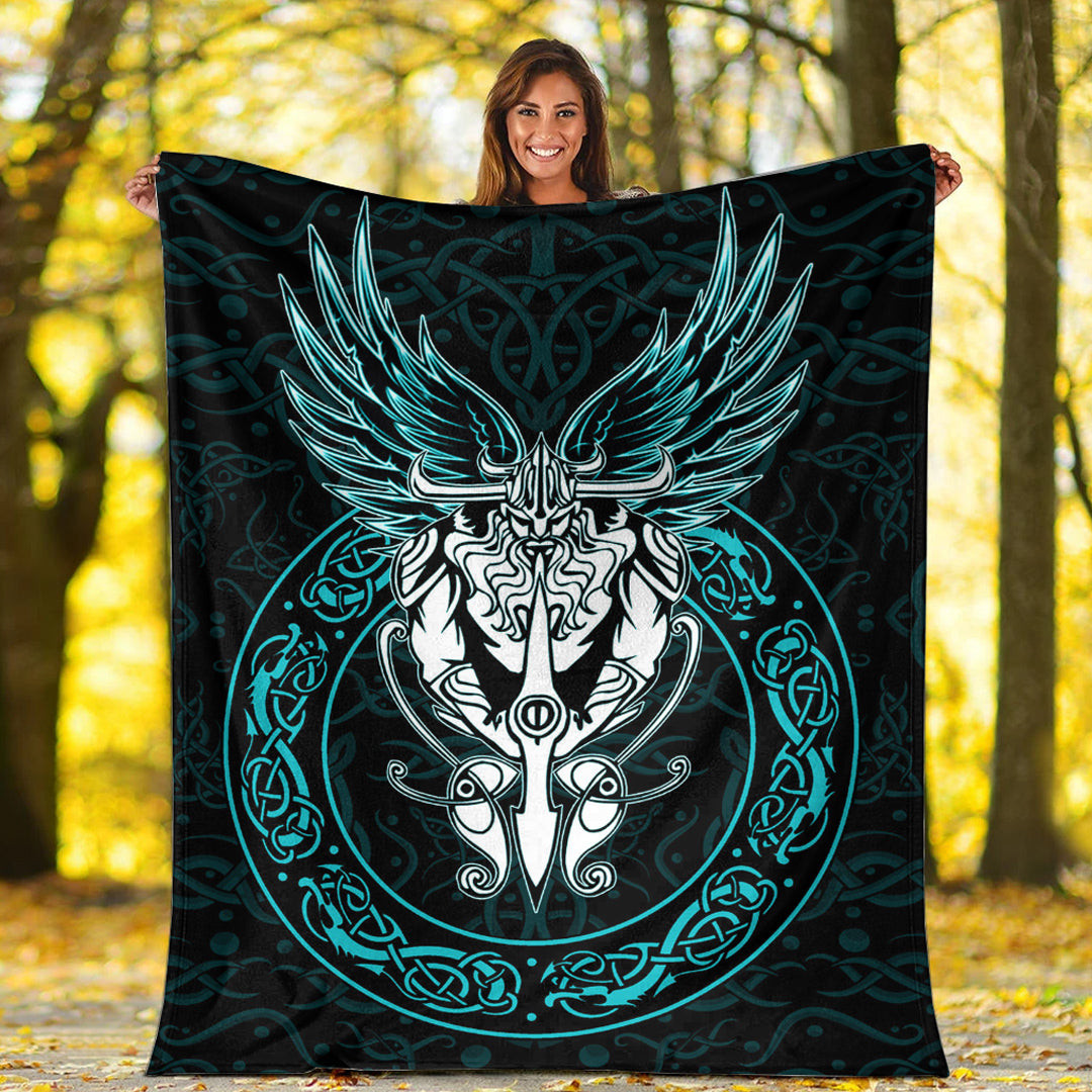 Viking Blanket Celtic Odin Sherpa Fleece Blanket Gifts For Viking Lovers Turquoise Version