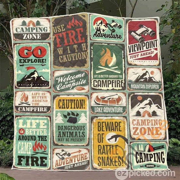 Retro Camping Signs Quilt Blanket Bedding Set