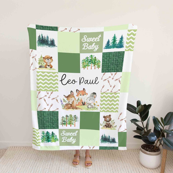 Custom Woodland Baby Blanket , Personalized Name Nursery Quilt Set