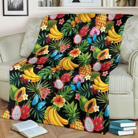 Tropical Fruits And Floral Best Seller Fleece Blanket Gift For Fan, Premium Comfy Sofa Throw Blanket Gift