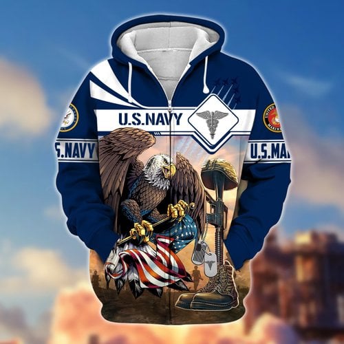 Premium US Navy, US Marines Veteran Zip Up Hoodie APVC121011