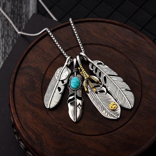 Fashion Metal Eagle Claw Feather Turquoise Pendant Necklace for Men Vintage Indian Four Feathers Necklace Valentine's Day Gift