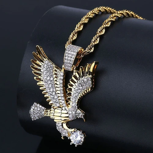 Sparkling Zircon Fly Eagle Pendant Necklace for Men Hip Hop Rock Party Jewelry
