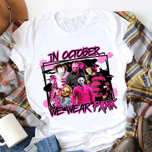 In october we wear pink pennywise jason voorhees freddy michael myers chucky bre ast cancer halloween horror for fan t-shirt hoodie sweater