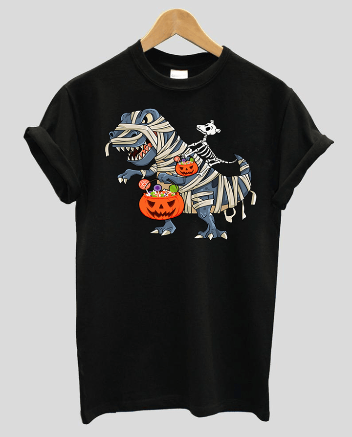 Dog Bones Riding On Mummy Dinosaurs Pumpkin Halloween Trick Or Treat Shirt