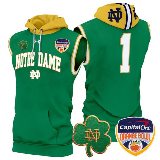 Men's Notre Dame Fighting Irish Orange Bowl Patch Sleeveless Hoodie - All Stitched