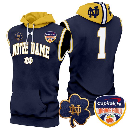 Men's Notre Dame Fighting Irish Orange Bowl Patch Sleeveless Hoodie - All Stitched