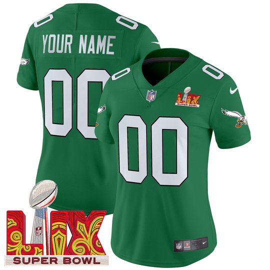Philadelphia Eagles Kelly Green Super Bowl LIX Patch Vapor Limited Custom Jersey - All Stitched