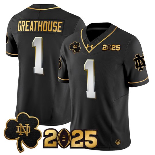 Men's Notre Dame Fighting Irish 2025 CFP Final Patch Gold Vapor Limited Jersey - All Stitched