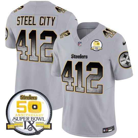 Men's Steelers Arch Smoke 50th Anniversary Of Super Bowl IX Patch Vapor Limited Jersey - All Stitched