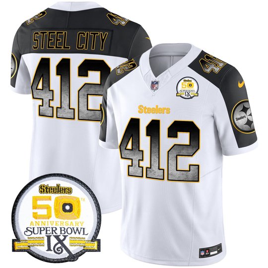 Men's Steelers Arch Smoke 50th Anniversary Of Super Bowl IX Patch Vapor Limited Jersey - All Stitched