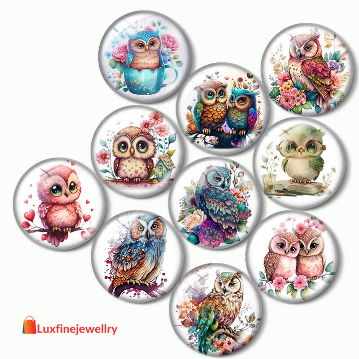 New Cute Owl ArtworkWatercolor10pcsColoured drawing12mm/16mm/18mm/25mm Round Photo Glass Cabochon Demo Flat Back Making findings
