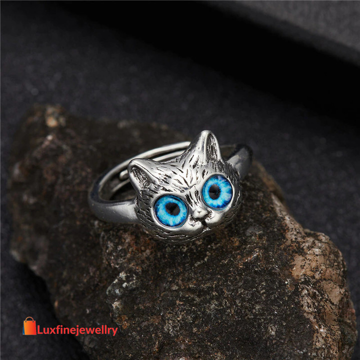 Vintage Gothic Blue Eye Cat Face Opening Metal Ring
