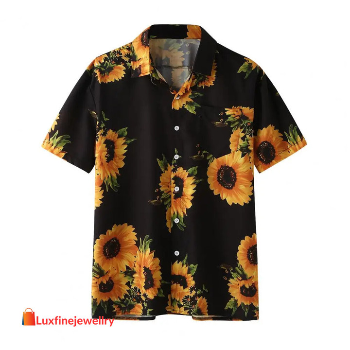 Men Sunflower Print Shirts Summer Colorful Short Sleeve Loose Button Shirts Casual Hawaiian Shirt Lapel Neck Blouse Camisas