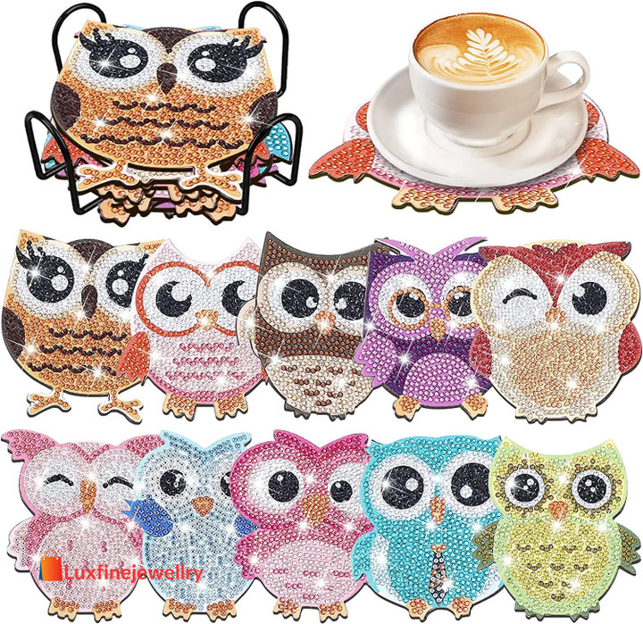 10pcs/Set DIY Diamond Art Owl Coasters with Holder Anti Slip Wood Drip Mats Special Shape Diamond Painting Coasters for Drinks