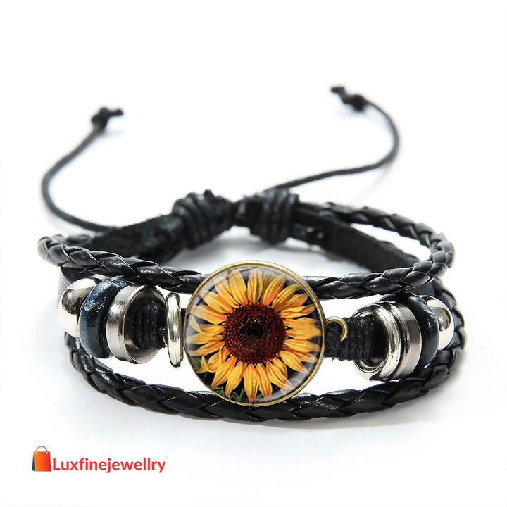 Bracelet Sunflower Glass Pendant Leather Bracelet Woven Handpiece A Great Gift