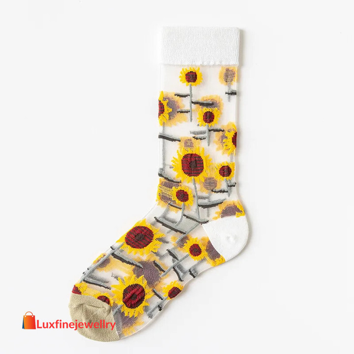 New Fashion Crystal Silk Socks Transparent Sunflowers Vines Flowers Glass Lace Women