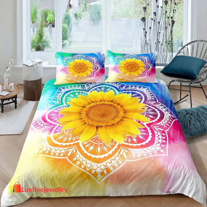 Yellow Flower Duvet Cover Set Sunflower Bedclothes Sunflower Fields With Sunset Printed Botanical Flowers Polyester Bedding Set