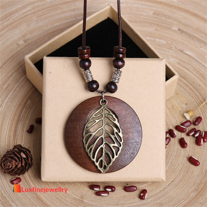 Vintage Wooden Owl Leaf Pendant Necklaces Boho Ethnic Style Necklaces 10706362