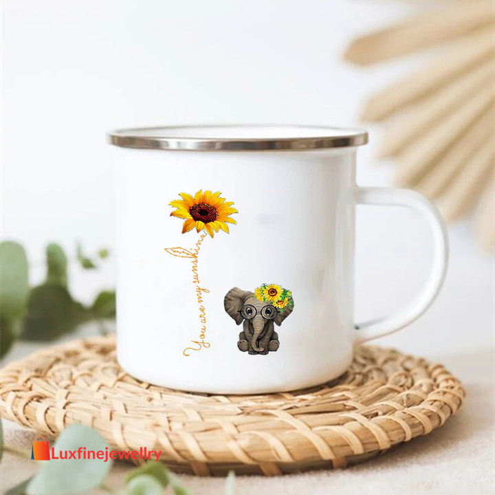 Peace Love Sunflower Elephant Print Mugs Creative Coffee Tea Cup Drinks Water Milk Cup Enamel Mug
