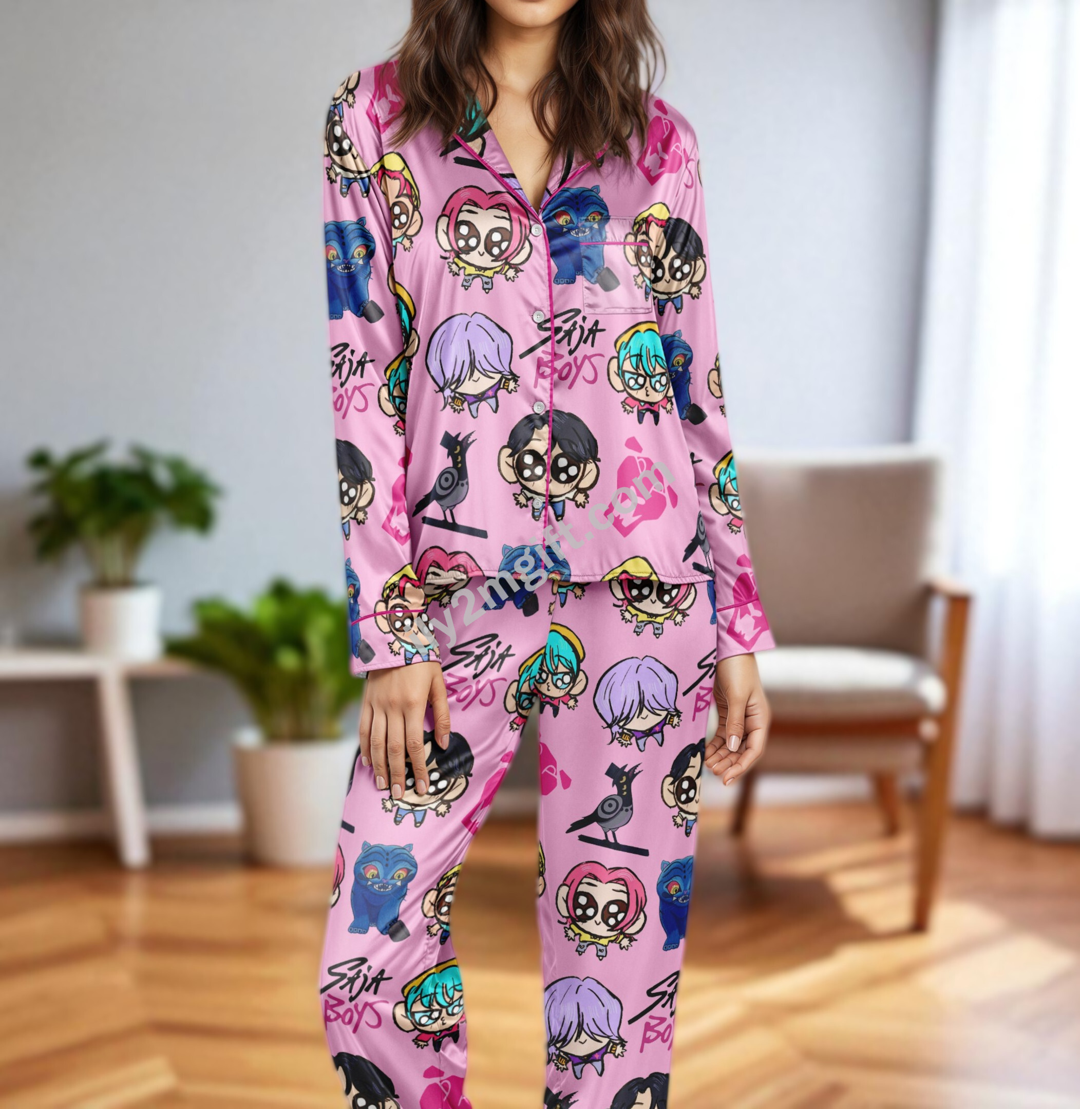 Kpop Demon Hunters Saja Boys Character Silky Pajama Set | Cute Anime ...