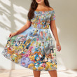 Best Disney All Characters Mickey Minnie Goofy Donald Pooh Lion King Princess Off Shoulder Short Sleeved Dress