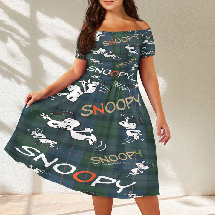 Peanut Snoopy1 Off Shoulder Short Sleeved Dress