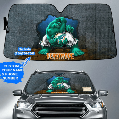 Miami Dolphins Beast Mode Personalized Name And Phone Number Custom Auto Sunshade Gift For Fans