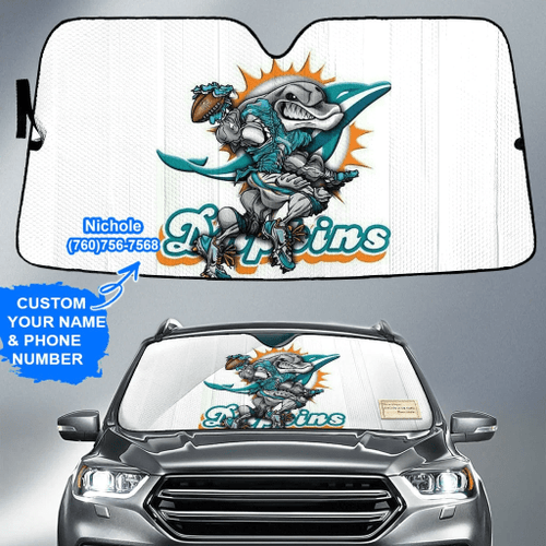Miami Dolphins Art 2 Personalized Name And Phone Number Custom Auto Sunshade Gift For Fans