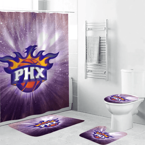 Phoenix Suns Emblem v9 Waterproof Shower Curtain Non-Slip Toilet Lid Cover Bath Mat - Bathroom Set