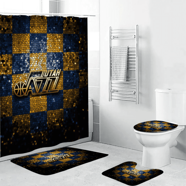 Utah Jazz Emblem v10 Waterproof Shower Curtain Non-Slip Toilet Lid Cover Bath Mat - Bathroom Set