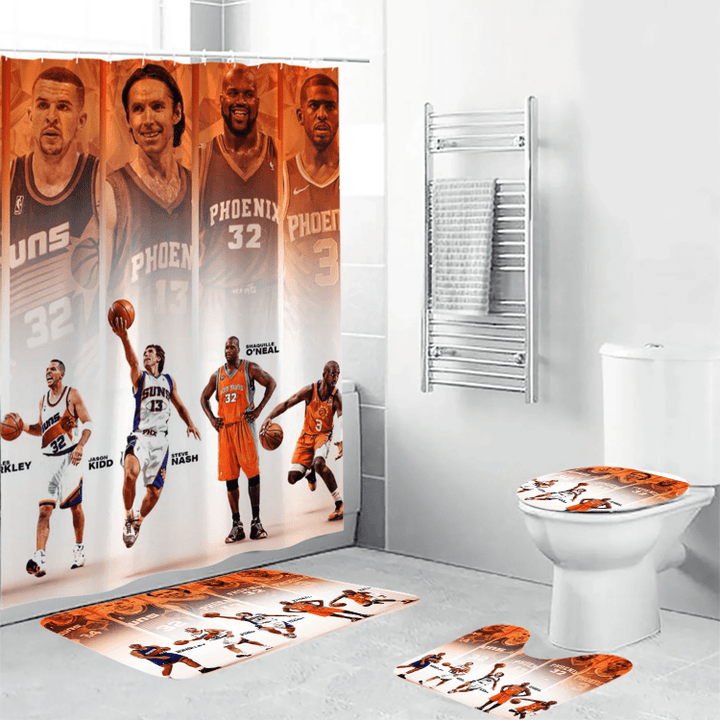 Phoenix Suns Team v6 Waterproof Shower Curtain Non-Slip Toilet Lid Cover Bath Mat - Bathroom Set