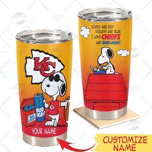 Personalized Kansas City Chiefs Tumbler Snoopy BUD LIGHT Beer Lover Stainless Steel Tumbler 20oz 30oz Bestseller