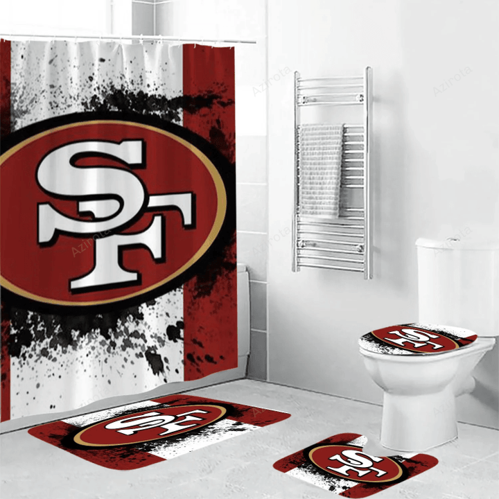 San Francisco 49ers Logo Stripe Player Waterproof Shower Curtain Non-Slip Toilet Lid Cover Bath Mat - Bathroom Set Gifts For Fans