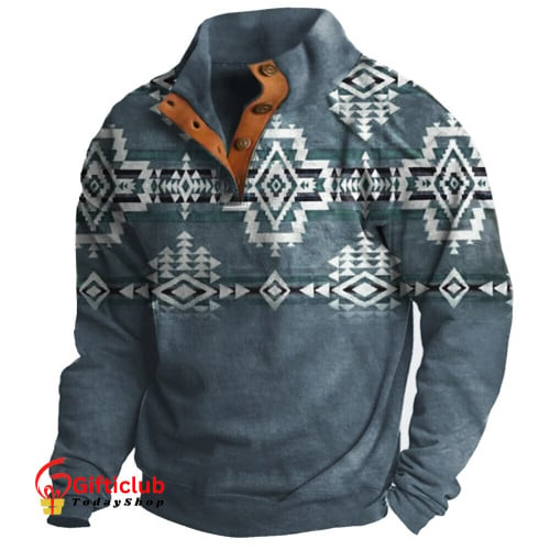 Vintage Print Men's Hoodie Casual Button Sweatshirt Fashion Lapel Streetwear Casual native & wolf For Men Winter Oversized Jacket Top
