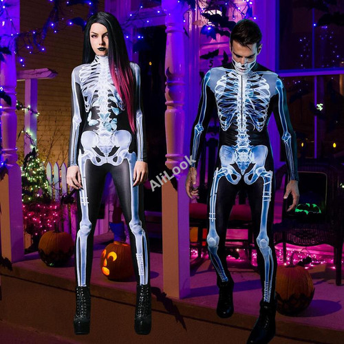 3D Skeleton Costumes Halloween Skeleton Outfit Cosplay Costume For Men Women Halloween Party Supplies Polyester Bodysuit