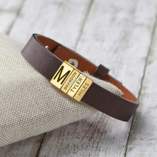 PolishedPlus Customized leather bracelet for men stainless steel Engrave Family Name Id Tag For Dad Father's Day Gift