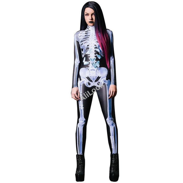 3D Skeleton Costumes Halloween Skeleton Outfit Cosplay Costume For Men Women Halloween Party Supplies Polyester Bodysuit