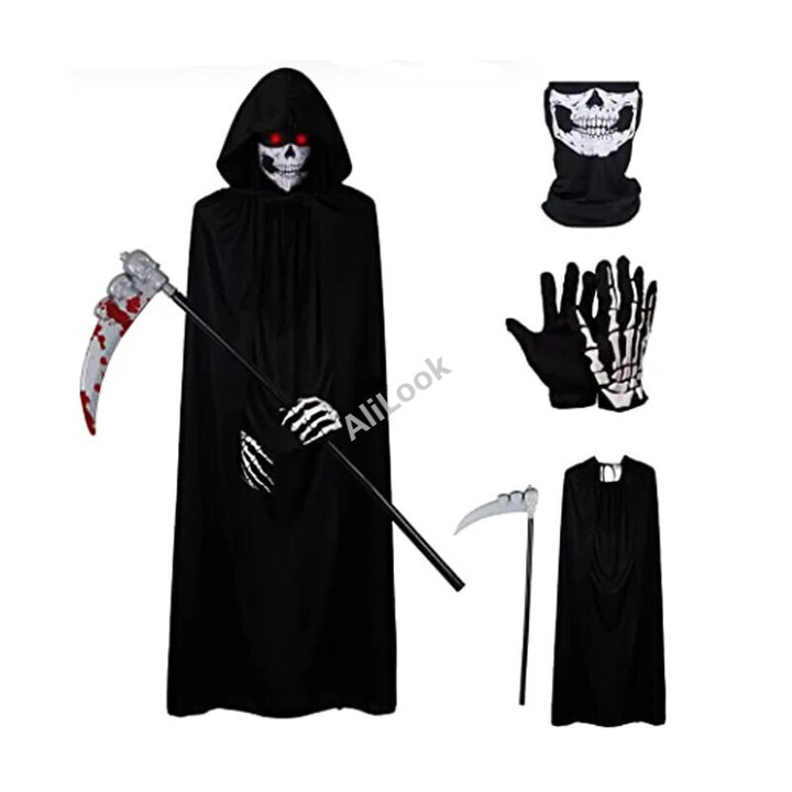 Women Men Kids Halloween Grim Reaper Black Cloak Cosplay Costume Terror Death Ware Set Carnival Party Cape Gift