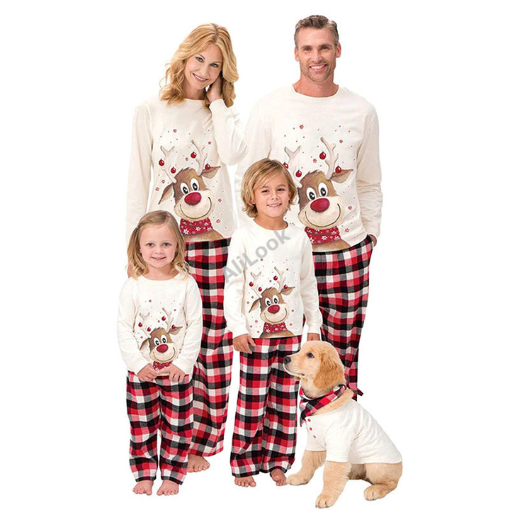 Family Christmas Pajamas Set 2022 New Year Xmas Matching Clothes Father Mom and Me Deer Top Red Plaid Pants Nightwear Pjs Outfit