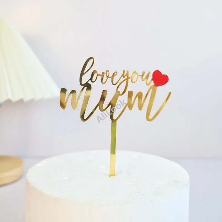 Best Mom Mother's Day Party Cake Topper Pink Red Love You Mum Acrylic Cake Topper for Mommy Birthday Party Cake Decorations Gift