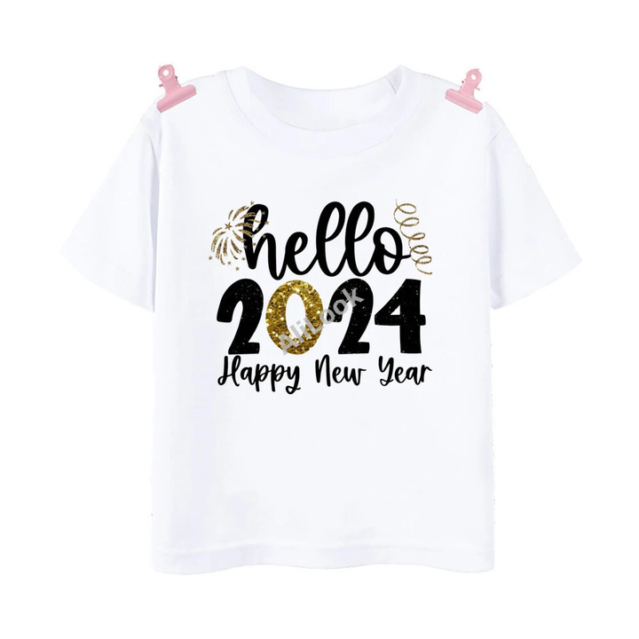 Hello 2024 Happy New Year Print Child T-shirt Boys Girls Outfits Clothes Winter Holiday Party Kids T Shirt Short Sleeve Tops Tee